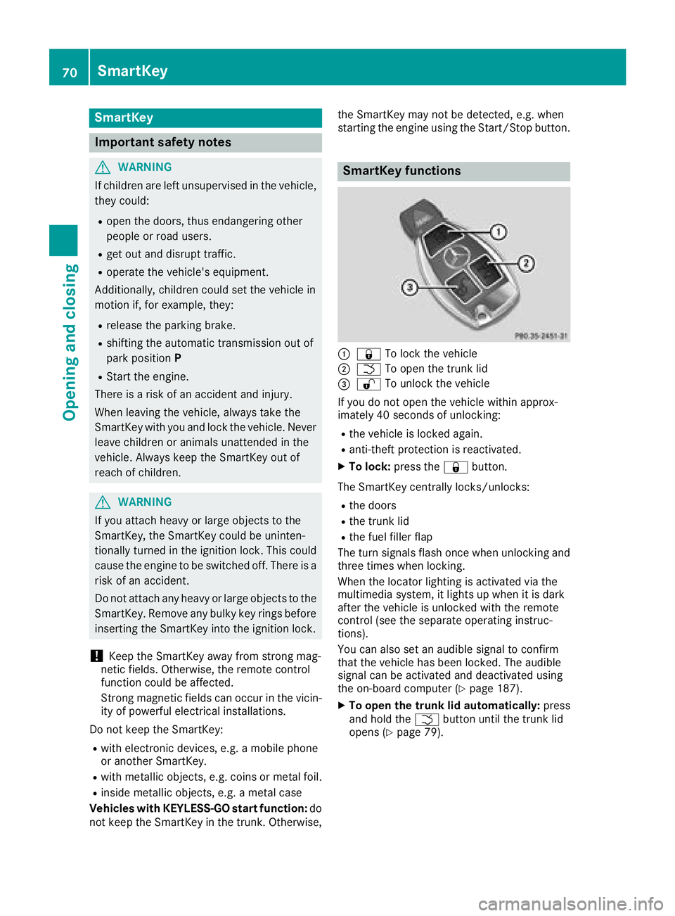MERCEDES-BENZ CLA 2018  Owners Manual SmartKey
Important safety notes
G WARNING
If children are left unsupervised in the vehicle,
they could: R
open the doors, thus endangering other
people or road users. R
get out and disrupt traffic. R
