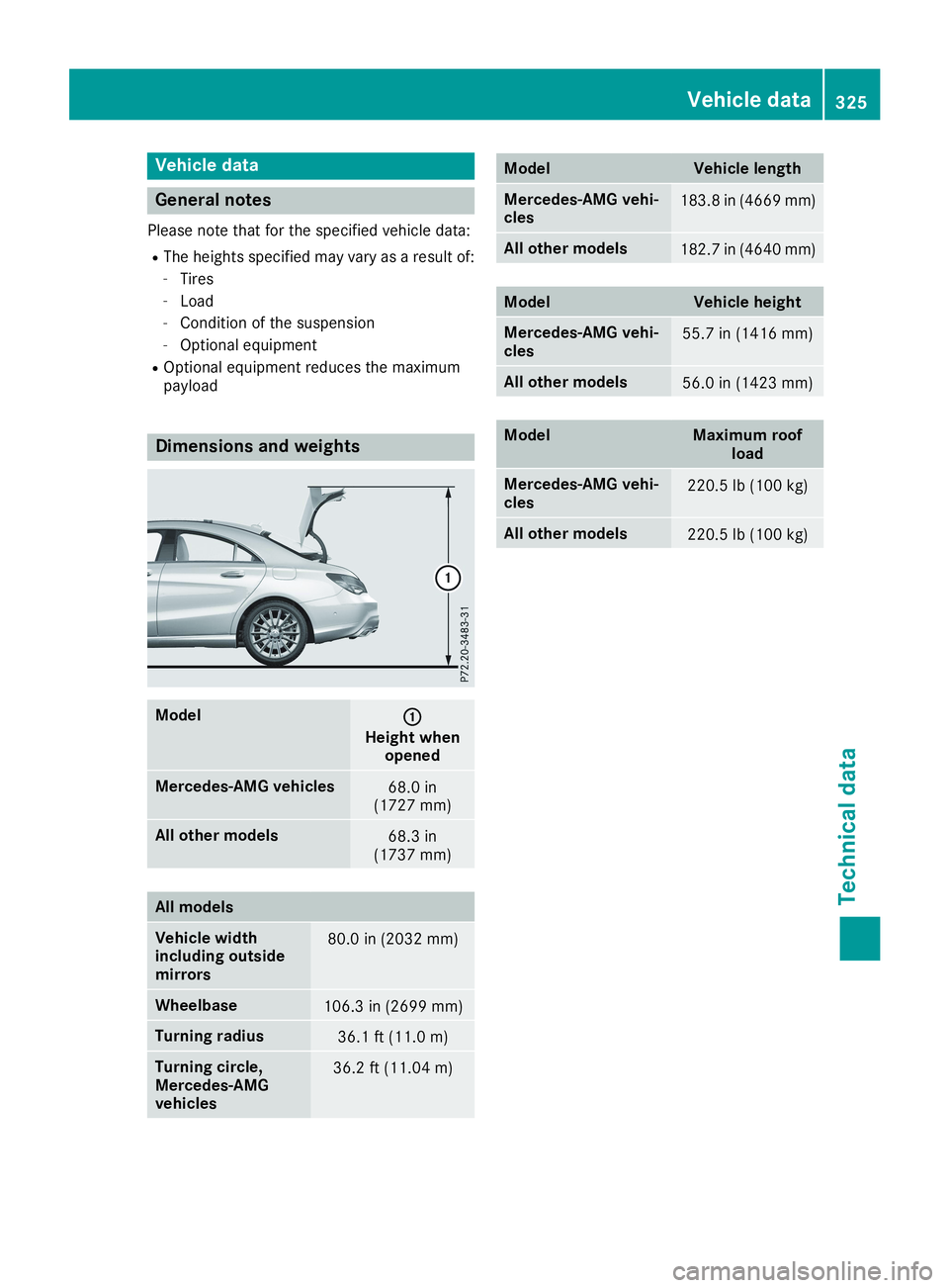 MERCEDES-BENZ CLA 2019  Owners Manual Vehicle data
General notes
Please note that for the specified vehicle data:
RThe heights specified may vary as a result of:
-Tires
-Load
-Condition of the suspension
-Optional equipment
ROptional equi