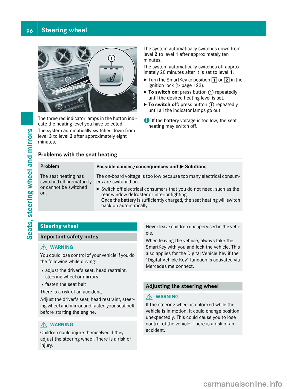 MERCEDES-BENZ CLA 2019  Owners Manual The three red indicator lamps in the button indi-cate the heating level you have selected.
The system automatically switches down fromlevel3to level2after approximately eightminutes.
The system automa