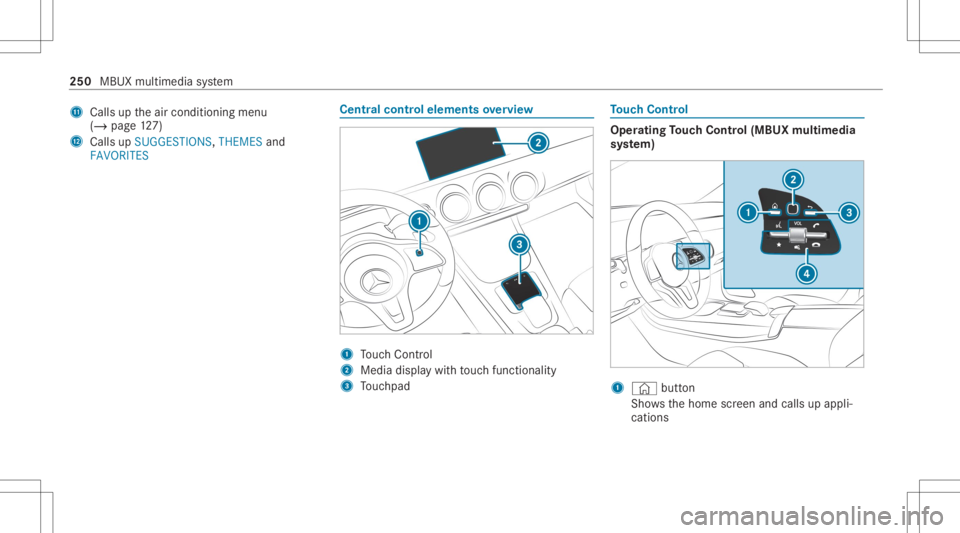 MERCEDES-BENZ CLA 2020  Owners Manual B
Calls uptheair con ditionin gmenu
(/ page12 7)
C Calls up SUGG ESTIONS ,THEMES and
FAVORIT ES Ce
ntr alco ntr olele ments overview 1
Touc hCon trol
2 Media displaywit hto uc hfun ction alit y
3 Touc