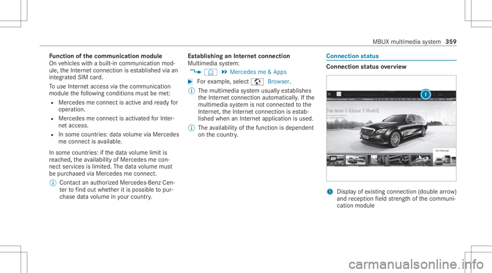 MERCEDES-BENZ CLA 2020  Owners Manual Fu
nction ofthecomm unicationmodule
On vehicles withabuilt-in communication mod‐
ule, theInt erne tcon nect ionises tablished viaan
int egratedSIM card.
To use Inte rn et acc ess viathecomm unicatio