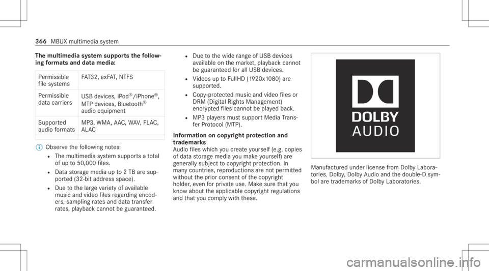 MERCEDES-BENZ CLA 2020  Owners Manual The
multi mediasy stem supportsthefo llo w‐
ing form ats and data media:
Pe rm issible
fi le systems FA
T32, exFA T,NTFS
Pe rm issible
dat acar rier s USB
devices, iPod ®
/iPhon e®
,
MTP devices, 