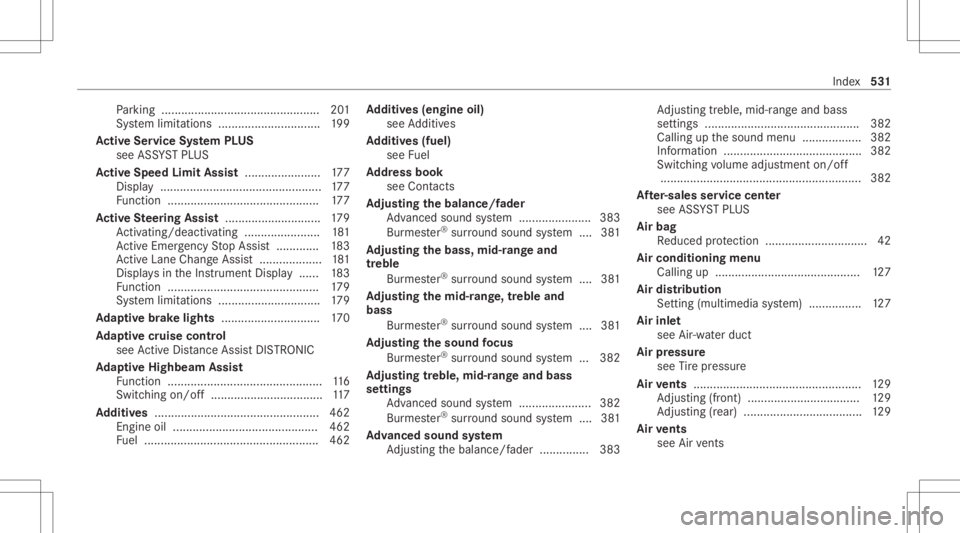 MERCEDES-BENZ CLA 2020 Owners Manual Pa
rking ................................................ 201
Sy stem limit ations ...............................1 99
Ac tiv eSe rvice System PLUS
see ASSYST PLUS
Ac tiv eSpe edLimit Assist <00110011 MERCEDES-BENZ CLA 2020 Owners Manual Pa
rking ................................................ 201
Sy stem limit ations ...............................1 99
Ac tiv eSe rvice System PLUS
see ASSYST PLUS
Ac tiv eSpe edLimit Assist <00110011