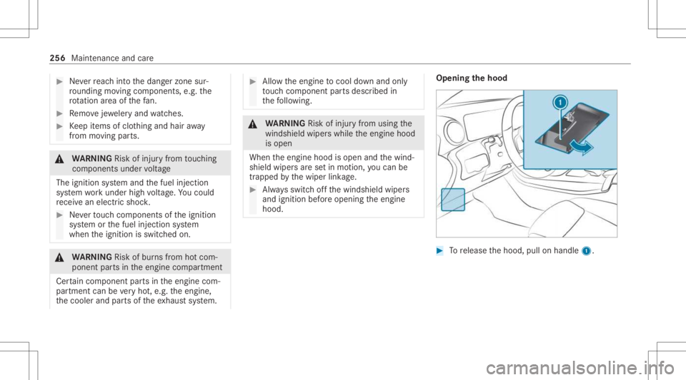 MERCEDES-BENZ CLA 2021  Owners Manual #
Neverre ac hint oth edang erzon esur‐
ro und ingmovingco mp onent s,e.g. the
ro tatio nar ea ofthefa n. #
Remo vejewe leryand watche s. #
Keep items ofclo thing and hair away
fr om moving parts. &