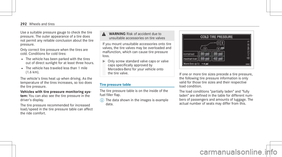 MERCEDES-BENZ CLA 2021  Owners Manual Use
asuit able pressur ega ug eto checkth etir e
pr essur e.The outerappear anceofatir edoes
no tper mit anyre liable conclusion aboutthetir e
pr essur e.
Onl ycor rect tirepr ess urewhe nth etir es a