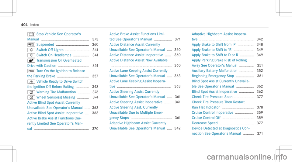 MERCEDES-BENZ CLA 2021  Owners Manual 003D
Stop Vehicle SeeOper ator's
Manual ................................................ 373
ç Suspend ed<0011001100110011001100110011001100110011001100110011001100110011
001100110011001100110011