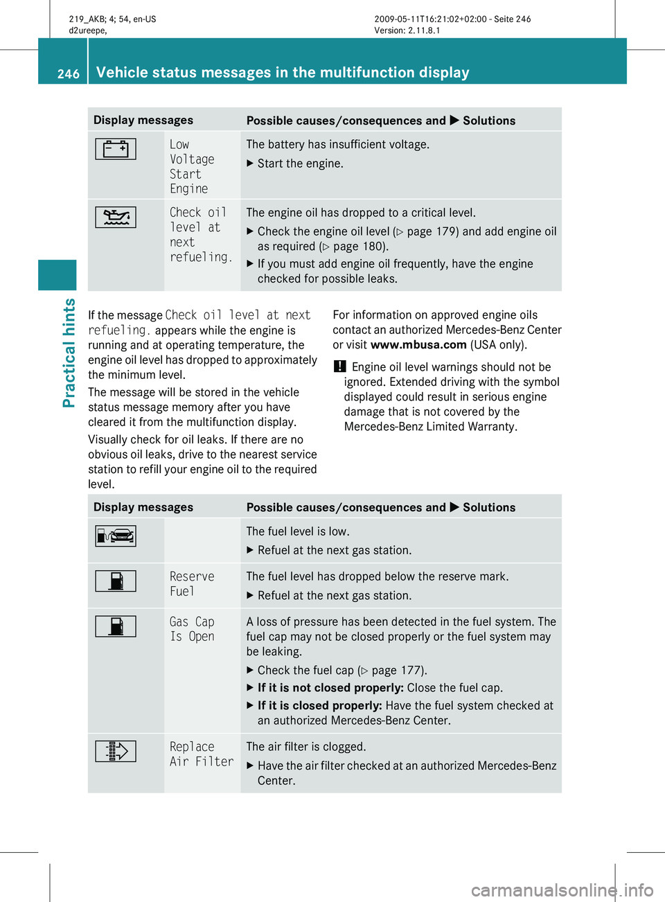 MERCEDES-BENZ CLS 2010 Owners Manual Display messages
Possible causes/consequences and
X Solutions# Low
Voltage
Start
Engine The battery has insufficient voltage.
X
Start the engine. 4 Check oil
level at
next
refueling. The engine MERCEDES-BENZ CLS 2010 Owners Manual Display messages
Possible causes/consequences and
X Solutions# Low
Voltage
Start
Engine The battery has insufficient voltage.
X
Start the engine. 4 Check oil
level at
next
refueling. The engine