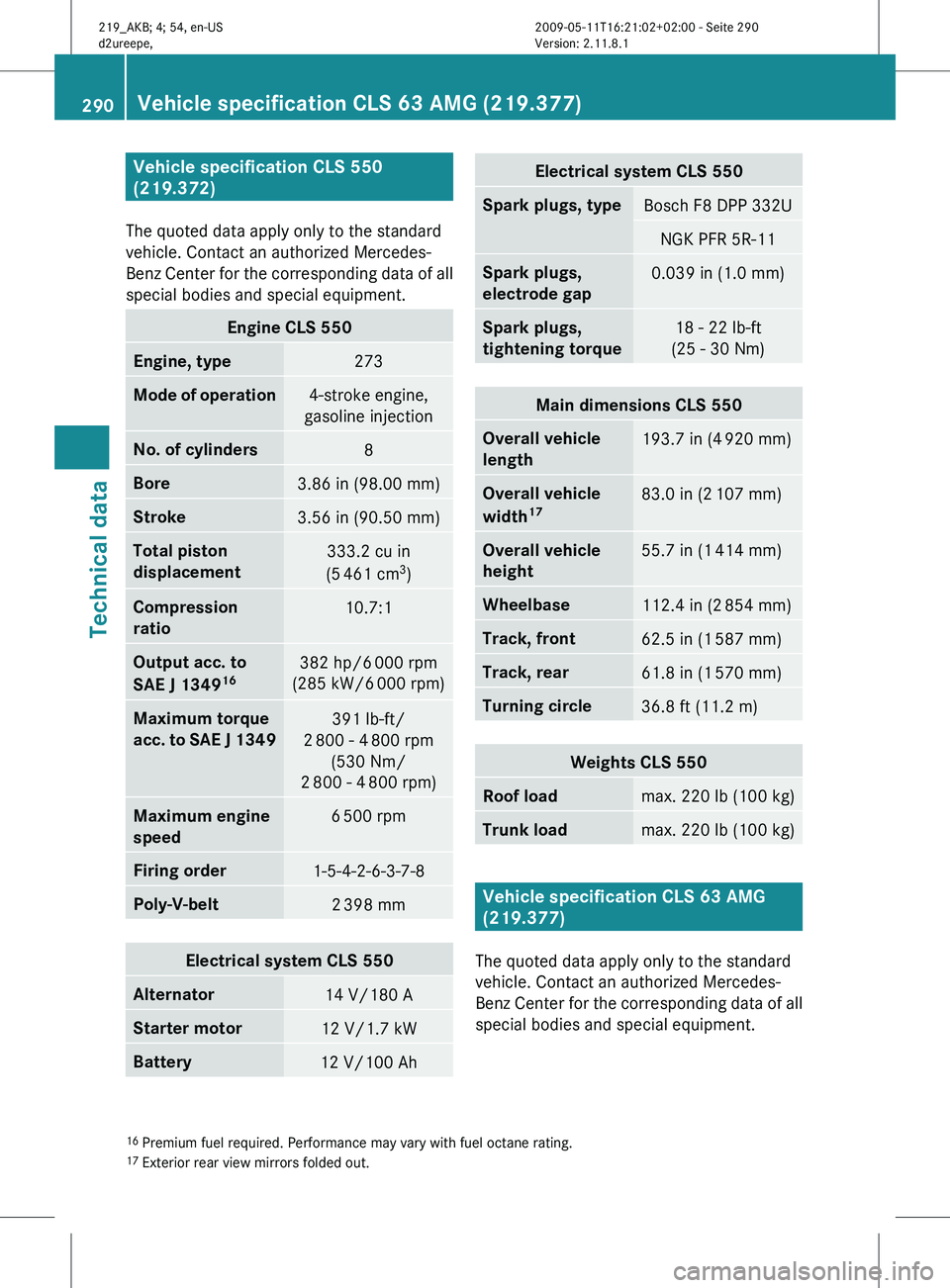 MERCEDES-BENZ CLS 2010 Owners Manual Vehicle specification CLS 550
(219.372)
The quoted data apply only to the standard
vehicle. Contact an authorized Mercedes-
Benz
Center for the corresponding data of all
special bodies and special e MERCEDES-BENZ CLS 2010 Owners Manual Vehicle specification CLS 550
(219.372)
The quoted data apply only to the standard
vehicle. Contact an authorized Mercedes-
Benz
Center for the corresponding data of all
special bodies and special e