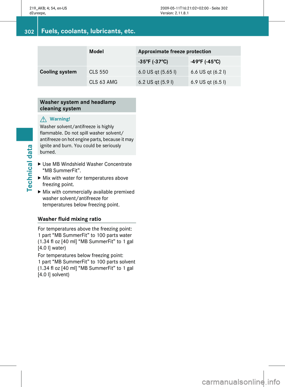 MERCEDES-BENZ CLS 2010 Owners Manual Model Approximate freeze protection
-35‡ (-37†) -49‡ (-45†)
Cooling system
CLS 550 6.0 US qt (5.65 l) 6.6 US qt (6.2 l)
CLS 63 AMG 6.2 US qt (5.9 l) 6.9 US qt (6.5 l)
Washer system and headlam MERCEDES-BENZ CLS 2010 Owners Manual Model Approximate freeze protection
-35‡ (-37†) -49‡ (-45†)
Cooling system
CLS 550 6.0 US qt (5.65 l) 6.6 US qt (6.2 l)
CLS 63 AMG 6.2 US qt (5.9 l) 6.9 US qt (6.5 l)
Washer system and headlam