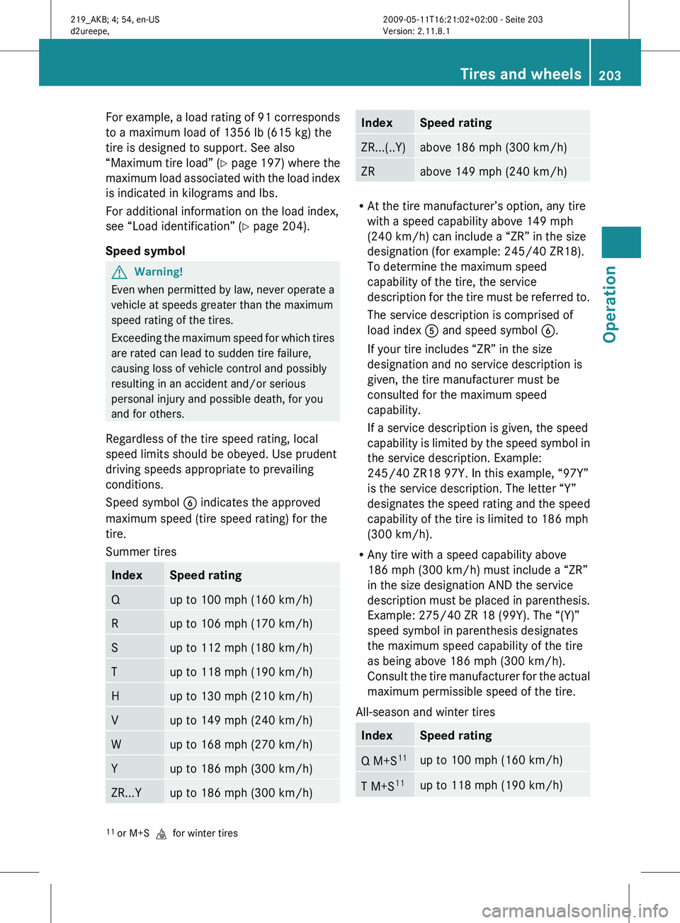 MERCEDES-BENZ CLS 2011 Owners Manual For example, a load rating of 91 corresponds
to a maximum load of 1356 lb (615 kg) the
tire is designed to support. See also
“Maximum
tire load” (Y page 197) where the
maximum load associated wit MERCEDES-BENZ CLS 2011 Owners Manual For example, a load rating of 91 corresponds
to a maximum load of 1356 lb (615 kg) the
tire is designed to support. See also
“Maximum
tire load” (Y page 197) where the
maximum load associated wit