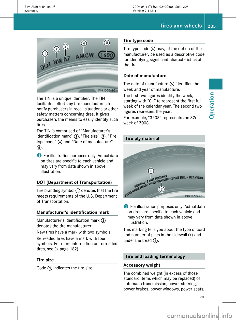 MERCEDES-BENZ CLS 2011 Owners Manual The TIN is a unique identifier. The TIN
facilitates efforts by tire manufactures to
notify purchasers in recall situations or other
safety matters concerning tires. It gives
purchasers the means to ea MERCEDES-BENZ CLS 2011 Owners Manual The TIN is a unique identifier. The TIN
facilitates efforts by tire manufactures to
notify purchasers in recall situations or other
safety matters concerning tires. It gives
purchasers the means to ea
