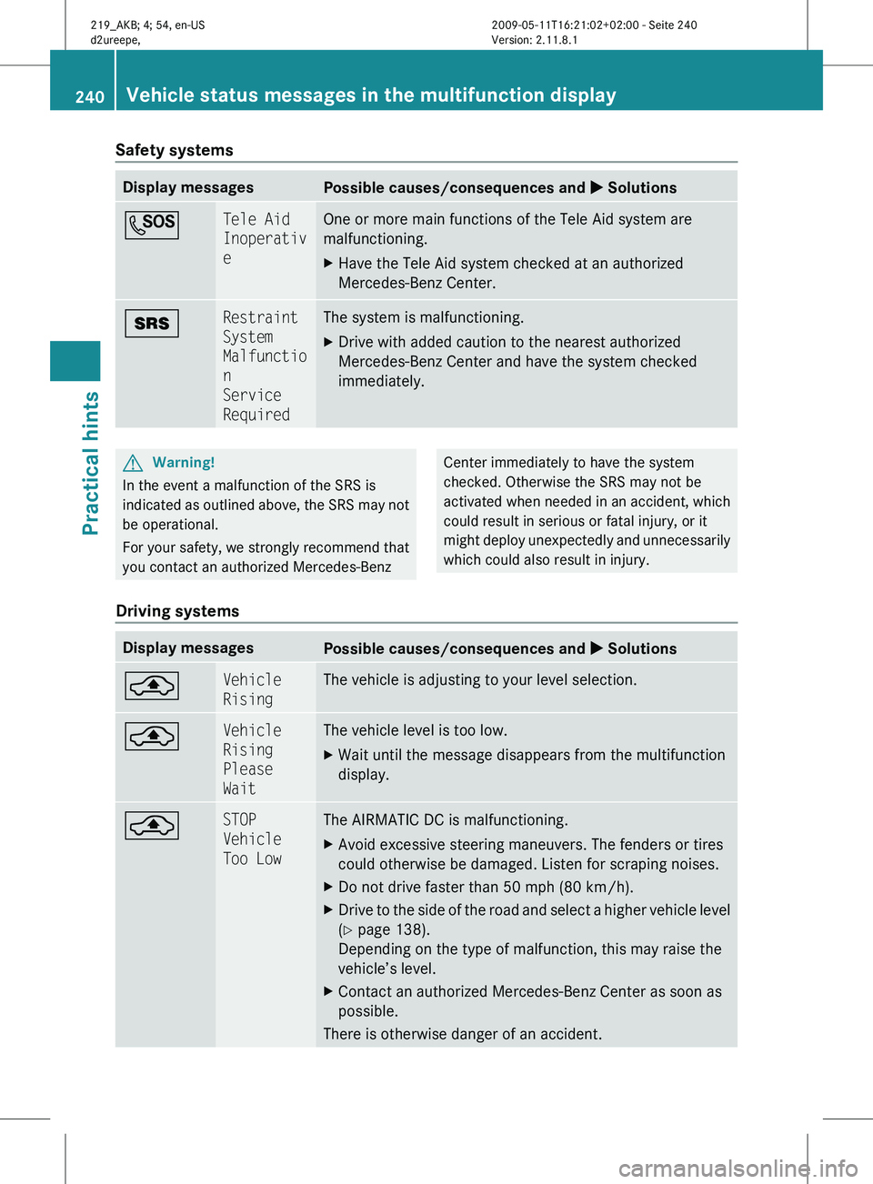 MERCEDES-BENZ CLS 2011 Owners Manual Safety systems
Display messages
Possible causes/consequences and
X SolutionsG Tele Aid
Inoperativ
e One or more main functions of the Tele Aid system are
malfunctioning.
X
Have the Tele Aid system c MERCEDES-BENZ CLS 2011 Owners Manual Safety systems
Display messages
Possible causes/consequences and
X SolutionsG Tele Aid
Inoperativ
e One or more main functions of the Tele Aid system are
malfunctioning.
X
Have the Tele Aid system c