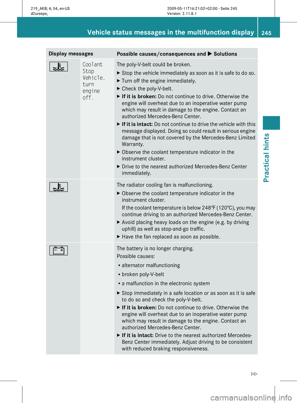 MERCEDES-BENZ CLS 2011 Owners Manual Display messages
Possible causes/consequences and
X Solutions? Coolant
Stop
Vehicle,
turn
engine
off. The poly-V-belt could be broken.
X
Stop the vehicle immediately as soon as it is safe to do MERCEDES-BENZ CLS 2011 Owners Manual Display messages
Possible causes/consequences and
X Solutions? Coolant
Stop
Vehicle,
turn
engine
off. The poly-V-belt could be broken.
X
Stop the vehicle immediately as soon as it is safe to do