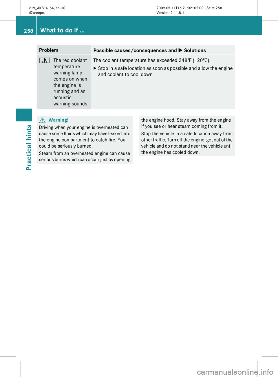 MERCEDES-BENZ CLS 2011  Owners Manual Problem
Possible causes/consequences and 
X Solutions?
The red coolant
temperature
warning lamp
comes on when
the engine is
running and an
acoustic
warning sounds. The coolant temperature has exceeded