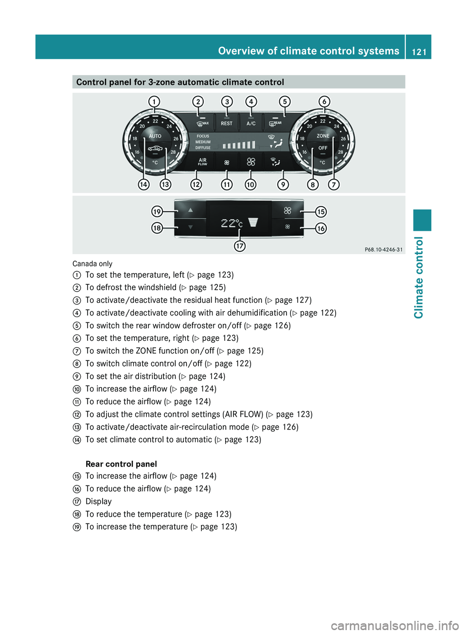 MERCEDES-BENZ CLS 2012 Owners Manual Control panel for 3-zone automatic climate control
Canada only
:To set the temperature, left (Y page 123);To defrost the windshield ( Y page 125)=To activate/deactivate the residual heat function ( Y MERCEDES-BENZ CLS 2012 Owners Manual Control panel for 3-zone automatic climate control
Canada only
:To set the temperature, left (Y page 123);To defrost the windshield ( Y page 125)=To activate/deactivate the residual heat function ( Y