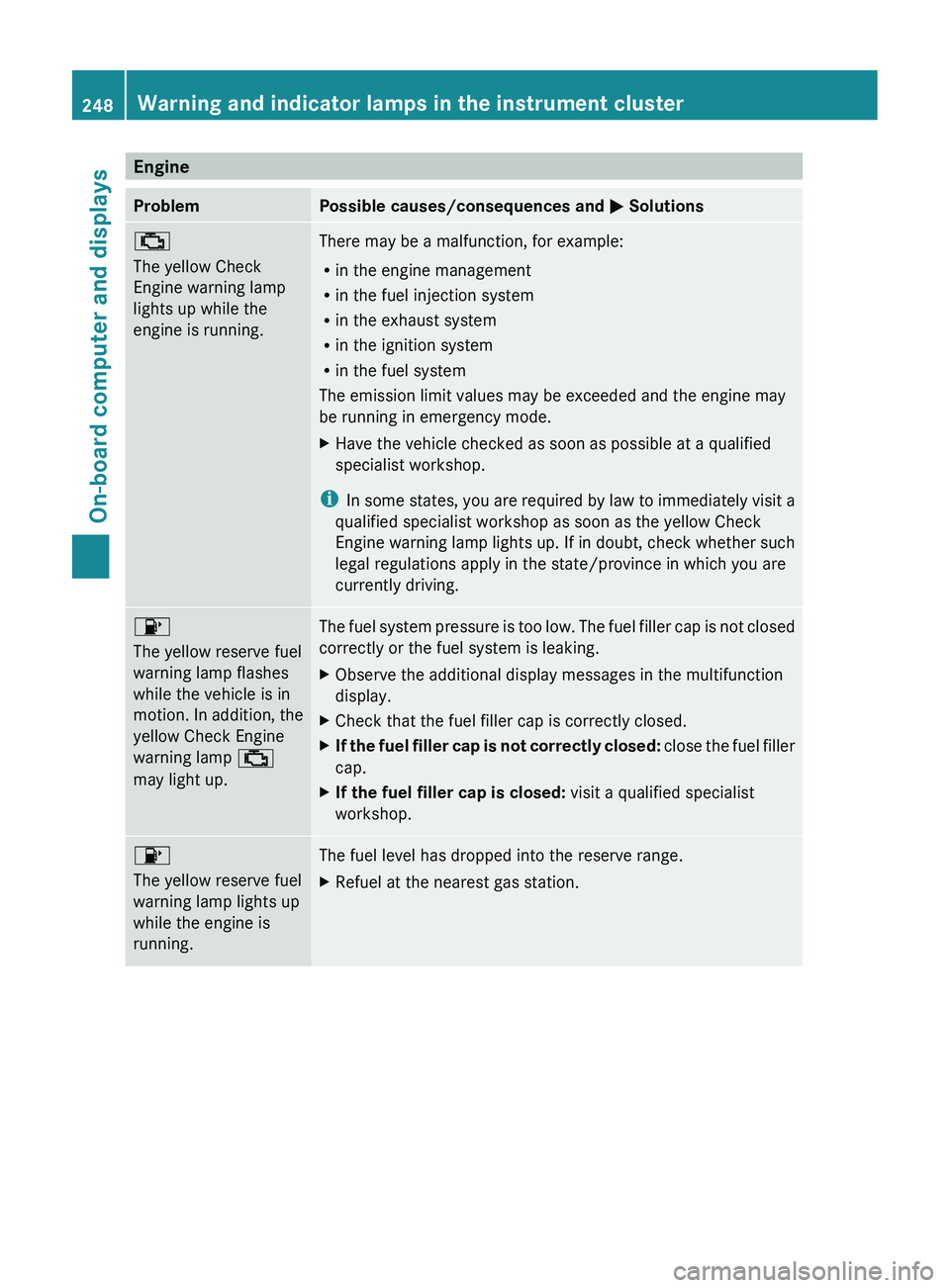 MERCEDES-BENZ CLS 2012 Owners Manual EngineProblemPossible causes/consequences and M Solutions;
The yellow Check
Engine warning lamp
lights up while the
engine is running.There may be a malfunction, for example:
R in the engine managemen MERCEDES-BENZ CLS 2012 Owners Manual EngineProblemPossible causes/consequences and M Solutions;
The yellow Check
Engine warning lamp
lights up while the
engine is running.There may be a malfunction, for example:
R in the engine managemen
