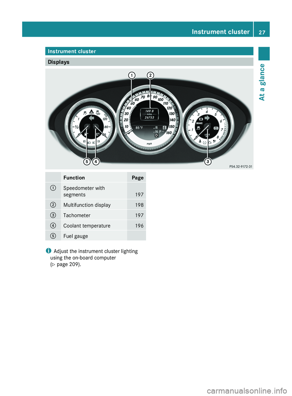 MERCEDES-BENZ CLS 2012  Owners Manual Instrument cluster
Displays
FunctionPage:Speedometer with
segments
197
;Multifunction display198=Tachometer197?Coolant temperature196AFuel gauge
i Adjust the instrument cluster lighting
using the on-b