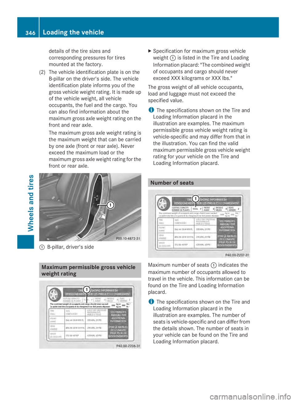 MERCEDES-BENZ CLS 2014  Owners Manual details of the tire sizes and
correspondingpressures for tires
mounted at the factory.
(2) The vehicle identification plate is on the
B-pillar on the driver'sside. The vehicle
identification plate