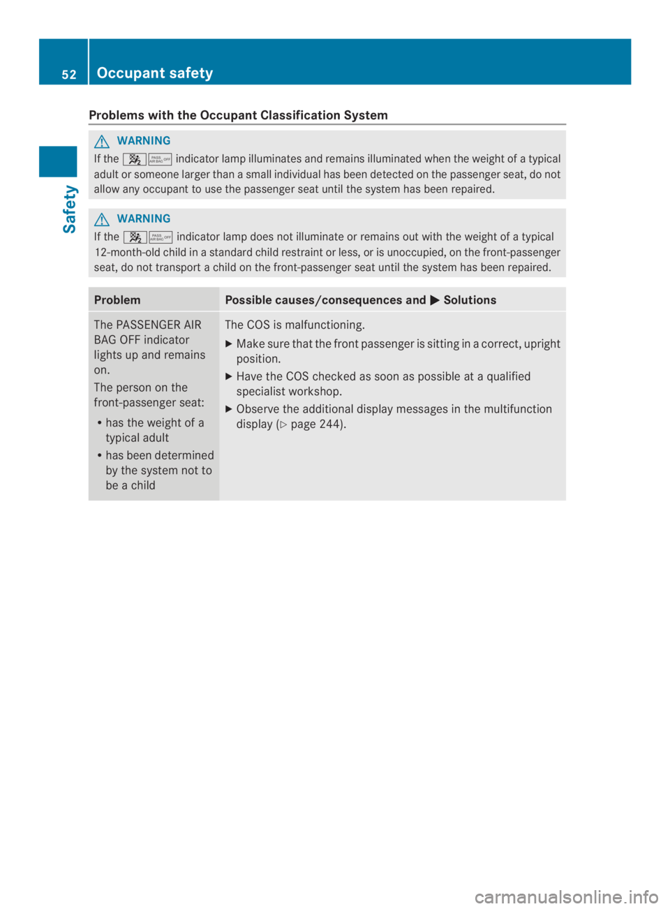 MERCEDES-BENZ CLS 2014  Owners Manual Problems with the Occupant Classification System
GWARNING
If the��indicator lamp illuminates and remains illuminated when the weight ofatypical
adult or someone larger thanasmall individual has been