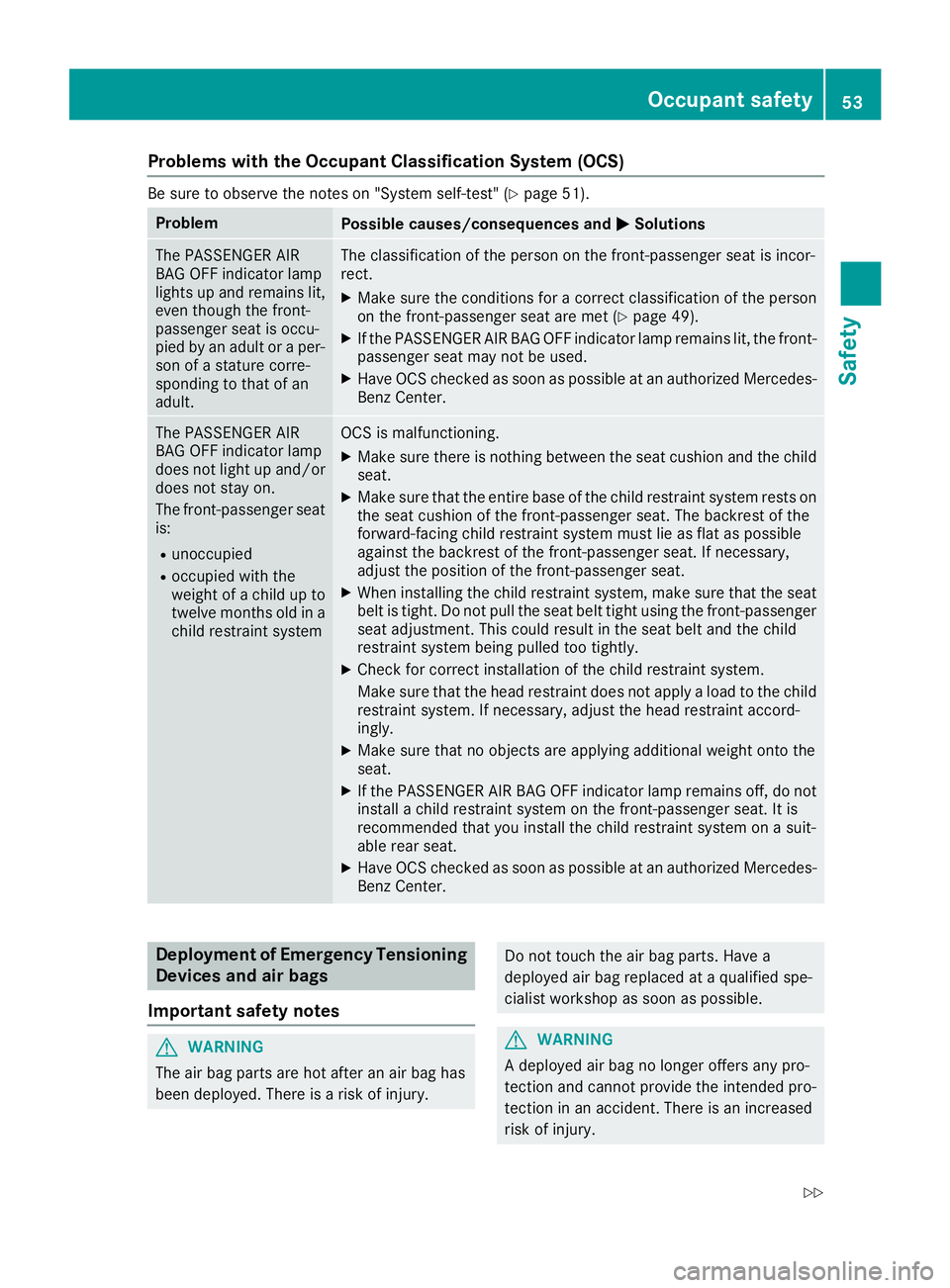 MERCEDES-BENZ CLS 2016  Owners Manual Problems with the Occupant Classification System (OCS) Be sure to observe the notes on "System self-test" ( Y
page 51).
Problem
Possible causes/consequences and �P Solutions
The PASSENGER AIR
