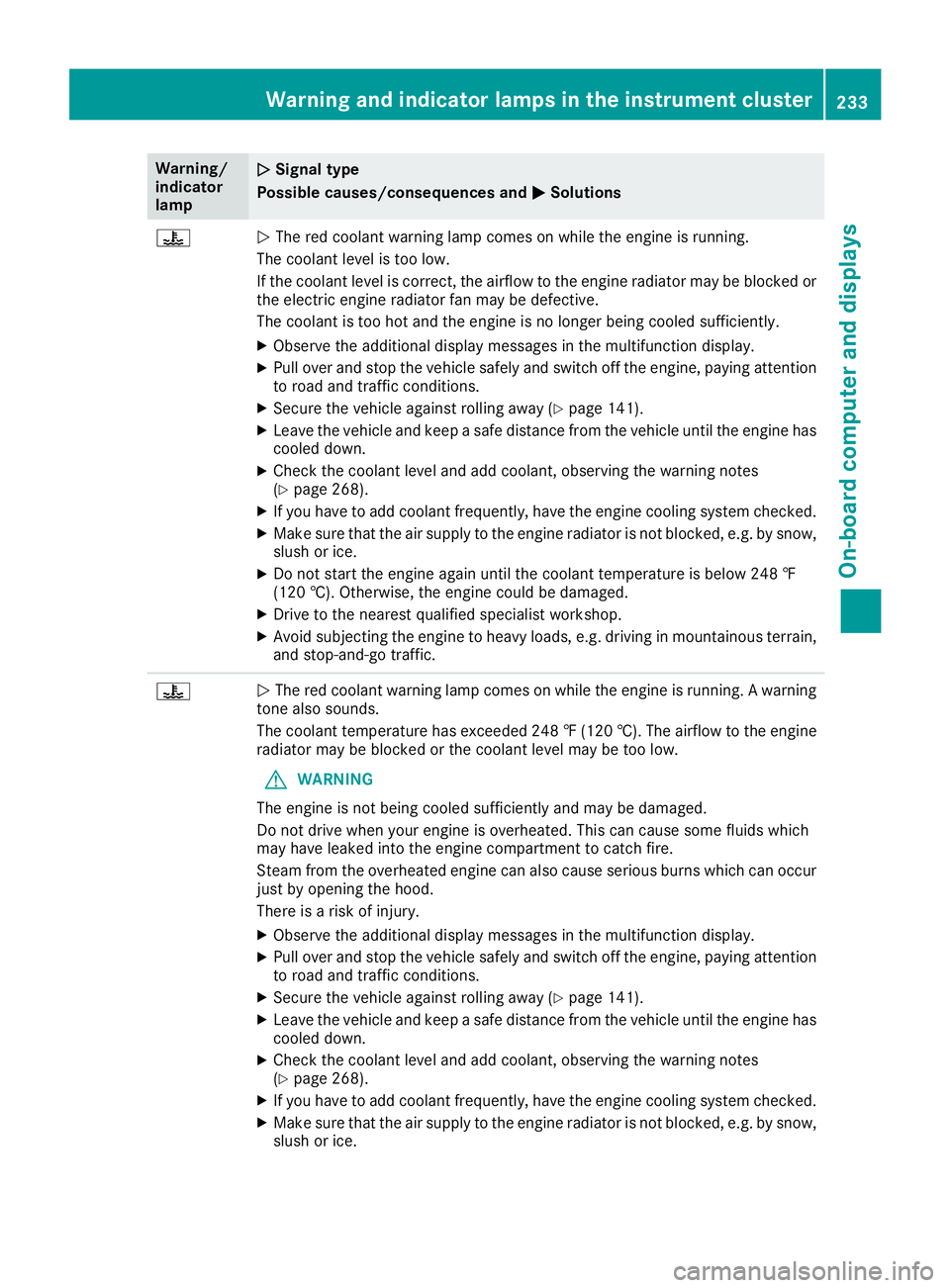 MERCEDES-BENZ CLS 2017  Owners Manual Warning/
indicator
lamp �Q Signal type
Possible causes/consequences and �P Solutions
�