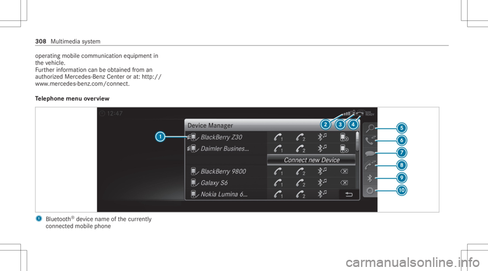 MERCEDES-BENZ CLS 2020  Owners Manual oper
ating mobile communic ationequipment in
th eve hicle.
Fu rther information canbeobt ained from an
aut hor ized Mercedes-Ben zCent eror at:http: //
www .mercedes-benz .com/connect.
Te lephone menu
