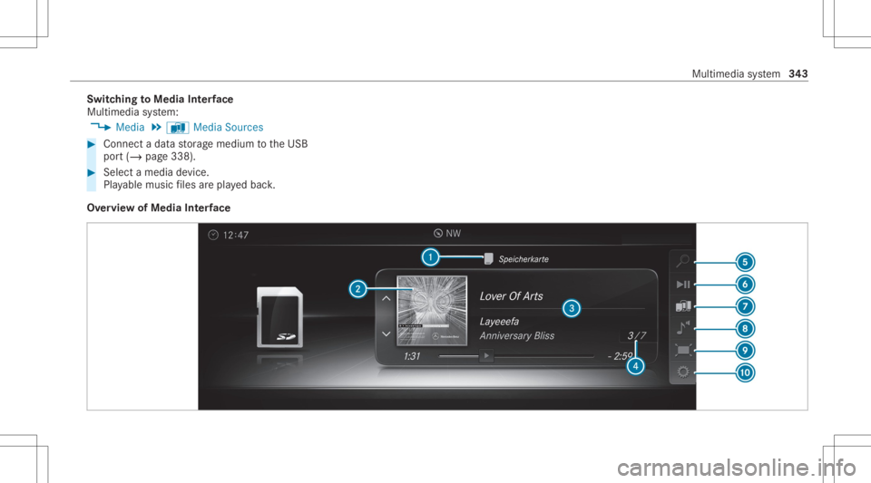 MERCEDES-BENZ CLS 2020  Owners Manual Switc
hingtoMedia Interface
Mult imed iasystem:
4 Media 5
à Media Sources #
Connec ta dat ast or ag emedium totheUSB
por t(/ page338). #
Select amedia device.
Pla yable music files arepla yedbac k.
O
