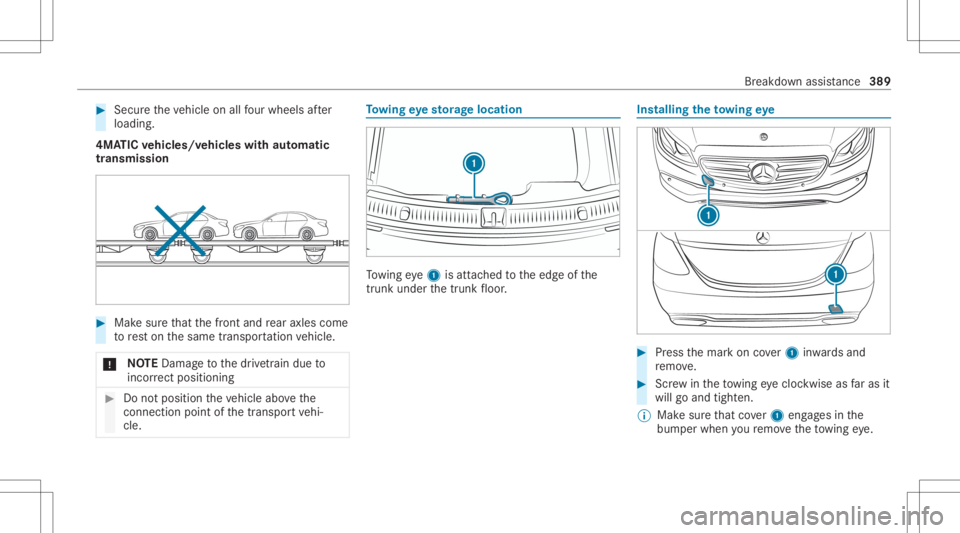 MERCEDES-BENZ CLS 2020  Owners Manual #
Secu retheve hicle onallfour wheel saf te r
loading .
4MA TICvehicl es/vehicl eswith automatic
tr ansmiss ion #
Mak esur eth at thefront and rear axle scom e
to rest on thesame transpor tatio nve hi