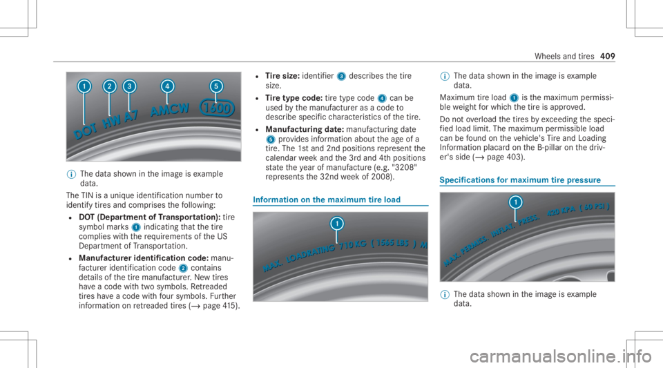 MERCEDES-BENZ CLS 2020  Owners Manual %
The datasho wnintheimag eis exam ple
dat a.
The TINisauniq ueiden tificat ion num berto
ident ifytires and comprises thefo llo wing:
R DOT(Depar tment ofTranspo rtation ):tir e
symb olmar ks1 indic 