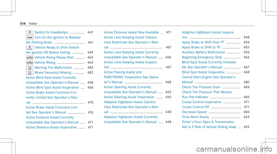 MERCEDES-BENZ CLS 2020  Owners Manual 0049
SwitchOn Hea dlamps ................ 447
0049 Turn On theIgnit iontoRelease
th ePa rking Brak e................................ 461
0072 Vehicle Ready toDrive Swi tch
th eIgnit ionOffBef oreEx it