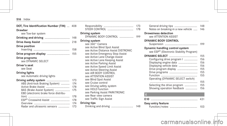 MERCEDES-BENZ CLS 2020  Owners Manual DO
T,Tire Iden tificat ionNumbe r(TI N) ... 408
Dr aw bar
see Tow- bar system
Dr inking anddriving ................................ 148
Dr ive Awa yAssis t.... ................................ 218
Dr 