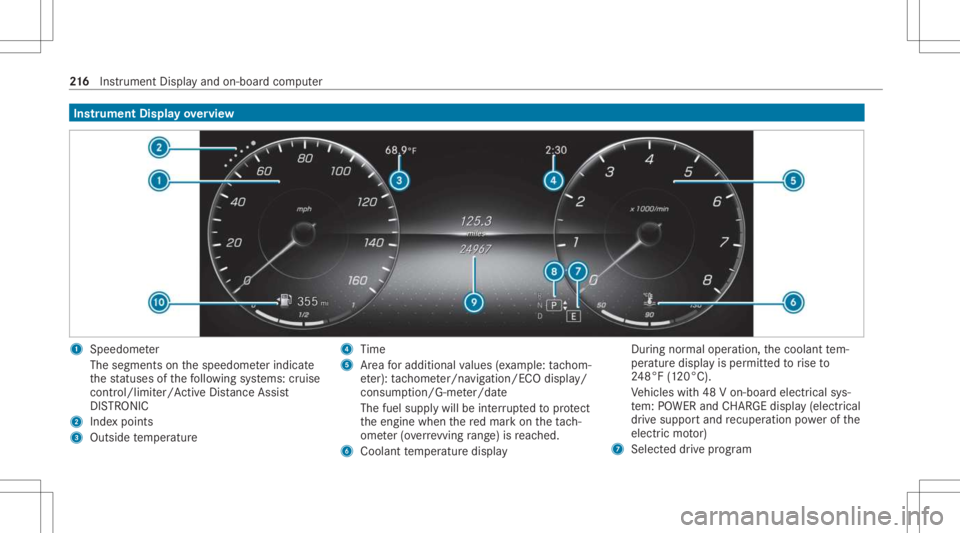MERCEDES-BENZ CLS 2021  Owners Manual Ins
trum ent Disp layove rview 1
Speedo meter
The segment son thespeedome terindica te
th est atus esofthefo llo wing systems: cruise
con trol/limit er/Active Dis tance Assist
DIS TRONI C
2 Inde xpo i