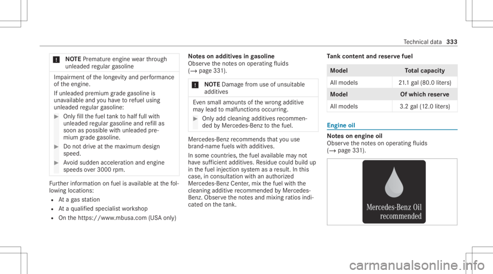 MERCEDES-BENZ CLS 2021 Owners Manual *
NO
TEPrema ture enginewearthro ugh
unle aded regular gasoline Im
pair ment ofthelong evity and perform anc e
of theengine.
If unleaded premium grade gasoline is
una vailable andyouha ve torefuel usi MERCEDES-BENZ CLS 2021 Owners Manual *
NO
TEPrema ture enginewearthro ugh
unle aded regular gasoline Im
pair ment ofthelong evity and perform anc e
of theengine.
If unleaded premium grade gasoline is
una vailable andyouha ve torefuel usi