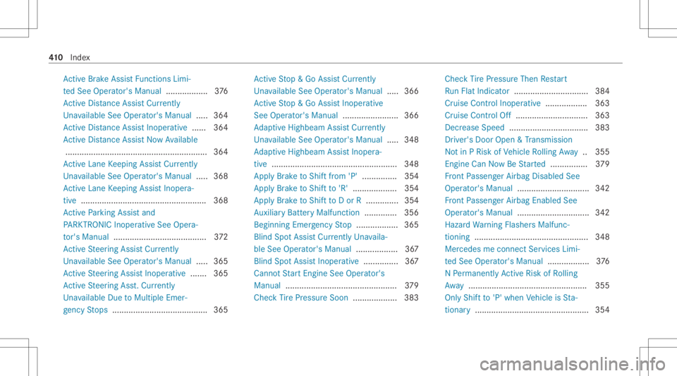 MERCEDES-BENZ CLS 2021 Owners Manual Ac
tiveBr ak eAssi stFunctio nsLim i‐
te dSee Oper ator's Manual .................. 376
Ac tiveDis tance AssistCur rently
Un available SeeOper ator' sMan ual.....3 64
Ac tiveDis tance Assist MERCEDES-BENZ CLS 2021 Owners Manual Ac
tiveBr ak eAssi stFunctio nsLim i‐
te dSee Oper ator's Manual .................. 376
Ac tiveDis tance AssistCur rently
Un available SeeOper ator' sMan ual.....3 64
Ac tiveDis tance Assist
