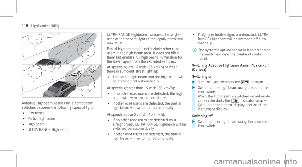 MERCEDES-BENZ CLS 2022 Owners Manual Ad
aptiveHig hbeam AssistPlu saut omati cally
switc hesbetween thefo llo wing types oflight:
R Lowbeam
R Partial high beam
R High beam
R ULTRA RANGEHighbeam UL
TRA RANGEHighbeam increases thebr ight-
MERCEDES-BENZ CLS 2022 Owners Manual Ad
aptiveHig hbeam AssistPlu saut omati cally
switc hesbetween thefo llo wing types oflight:
R Lowbeam
R Partial high beam
R High beam
R ULTRA RANGEHighbeam UL
TRA RANGEHighbeam increases thebr ight-