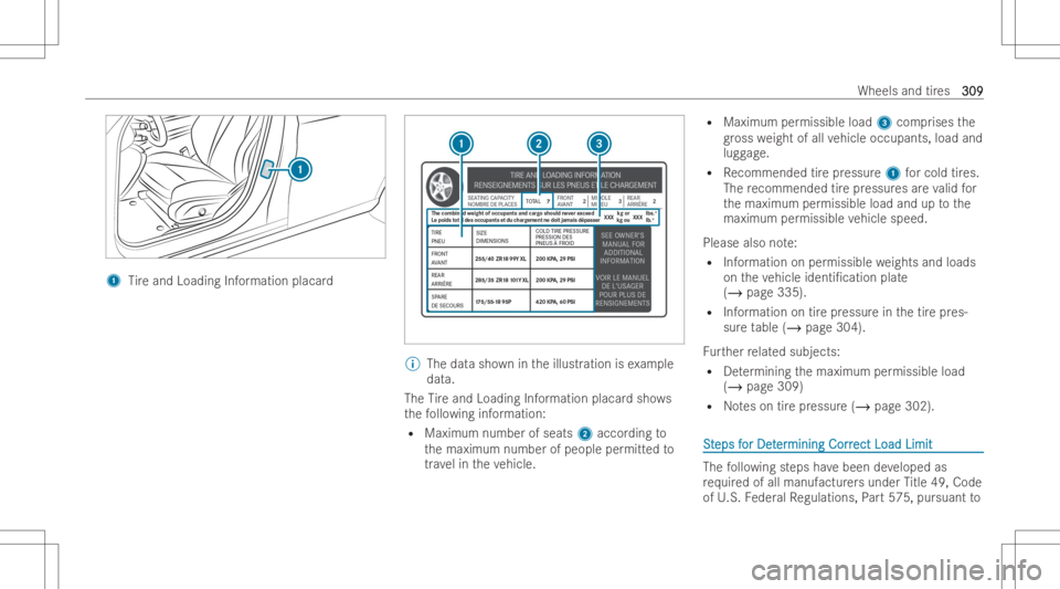 MERCEDES-BENZ CLS 2022 Owners Manual 1
Tire and Loadi ngInformatio nplacar d %
The datasho wnintheillust ration isex am ple
dat a.
The Tire and Loadi ngInformatio nplacar dsho ws
th efo llo wing information:
R Maximum numberofseats 2acco MERCEDES-BENZ CLS 2022 Owners Manual 1
Tire and Loadi ngInformatio nplacar d %
The datasho wnintheillust ration isex am ple
dat a.
The Tire and Loadi ngInformatio nplacar dsho ws
th efo llo wing information:
R Maximum numberofseats 2acco