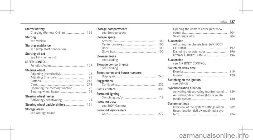 MERCEDES-BENZ CLS 2022 Owners Manual SS
t t
ar t ar
ter batt er
batt ery er
y
Char ging(R emo teOnlin e)...................... 136
St St
ar ar
tin g tin
g
see Vehicle
St St
ar ar
tin gassis t tin
gassis tance ance
see Jump-st artconn ect MERCEDES-BENZ CLS 2022 Owners Manual SS
t t
ar t ar
ter batt er
batt ery er
y
Char ging(R emo teOnlin e)...................... 136
St St
ar ar
tin g tin
g
see Vehicle
St St
ar ar
tin gassis t tin
gassis tance ance
see Jump-st artconn ect