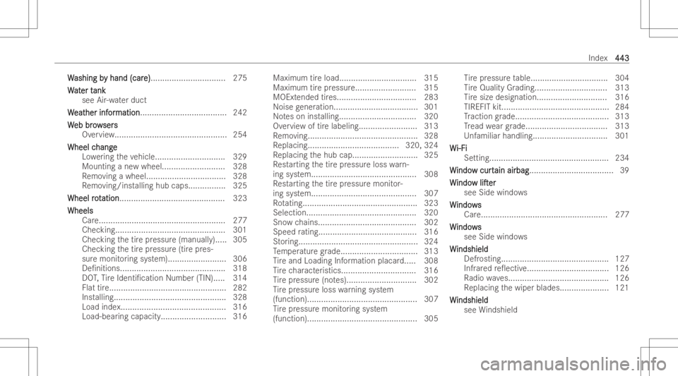 MERCEDES-BENZ CLS 2022 Owners Manual WW
ashing b ashing
by hand (car y
hand (care) e)
... ............................. 275
W W
at at
er t er
tank ank
see Air-water duct
W W
eat eat
her inf her
infor or
matio n matio
n... ............... MERCEDES-BENZ CLS 2022 Owners Manual WW
ashing b ashing
by hand (car y
hand (care) e)
... ............................. 275
W W
at at
er t er
tank ank
see Air-water duct
W W
eat eat
her inf her
infor or
matio n matio
n... ...............