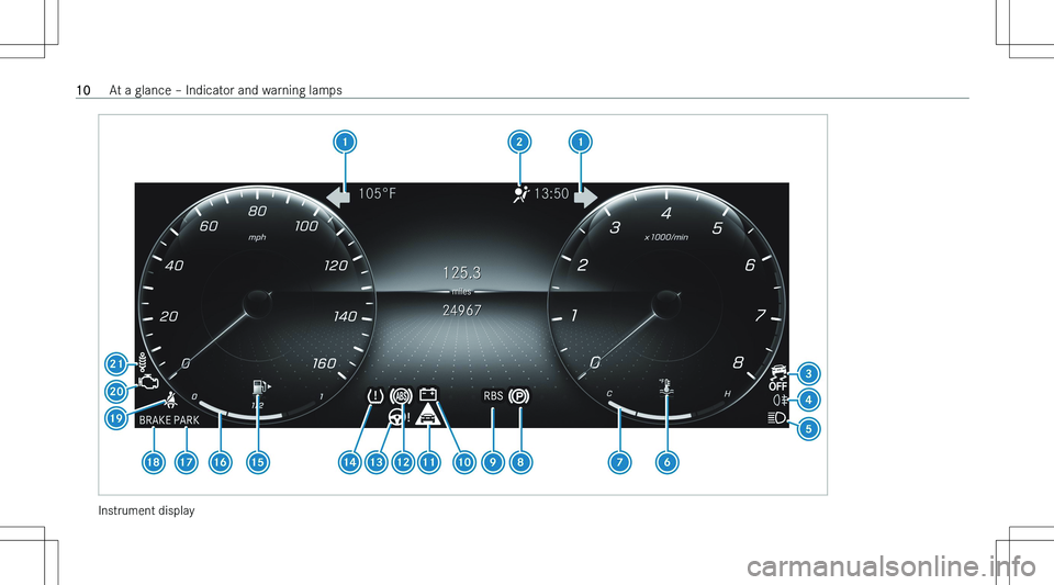 MERCEDES-BENZ E CLASS 2023  Owners Manual �I�n�s�t�r�u�m�e�n�t� �d�i�s�p�l�a�y
�1�0�A�t� �a� �g�l�a�n�c�e� !