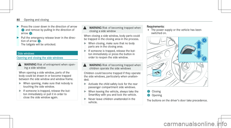 MERCEDES-BENZ E CLASS WAGON 2023  Owners Manual ��P�r�e�s�s� �t�h�e� �c�o�v�e�r� �d�o�w�n� �i�n� �t�h�e� �d�i�r�e�c�t�i�o�n� �o�f� �a�r�r�o�w
�1 � �a�n�d� �r�e�m�o�v�e� �b�y� �p�u�l�l�i�n�g� �i�n� �t�h�e� �d�i�r�e�c�t�i�o�n� �o�f
�a�r�r�o�w�  �2�.