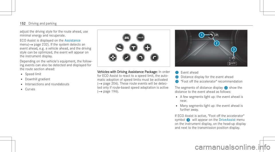 MERCEDES-BENZ EQB 2023 Owners Manual adju
stthedr iving styleforth ero uteahead ,use
minimal energyand recuper ate.
EC OAssis tis displa yedon theAssistance
menu(/ page232). Ifth esy stem detects an
ev ent ahead, e.g.ave hicle ahead, and MERCEDES-BENZ EQB 2023 Owners Manual adju
stthedr iving styleforth ero uteahead ,use
minimal energyand recuper ate.
EC OAssis tis displa yedon theAssistance
menu(/ page232). Ifth esy stem detects an
ev ent ahead, e.g.ave hicle ahead, and