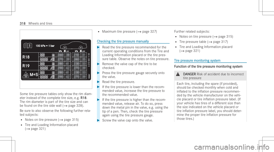 MERCEDES-BENZ EQB 2023 Owners Manual Som
etir epr es su re tables onlysho wtherim diam-
et er inst ead ofthecom pletetiresize, e.g.R18 R18
.
The rim diame teris par tof thetir esize andcan
be found onthetir eside wall(/ page328).
Be sure MERCEDES-BENZ EQB 2023 Owners Manual Som
etir epr es su re tables onlysho wtherim diam-
et er inst ead ofthecom pletetiresize, e.g.R18 R18
.
The rim diame teris par tof thetir esize andcan
be found onthetir eside wall(/ page328).
Be sure
