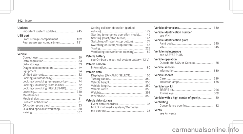 MERCEDES-BENZ EQB 2023 Owners Manual UU
pdat pdat
es es
Im por tant system updates .......... ............245
USB port USB
port
Fr ont stor ag ecom partment .................... 109
Re ar passen gercom partment ................ 121 VV
V MERCEDES-BENZ EQB 2023 Owners Manual UU
pdat pdat
es es
Im por tant system updates .......... ............245
USB port USB
port
Fr ont stor ag ecom partment .................... 109
Re ar passen gercom partment ................ 121 VV
V
