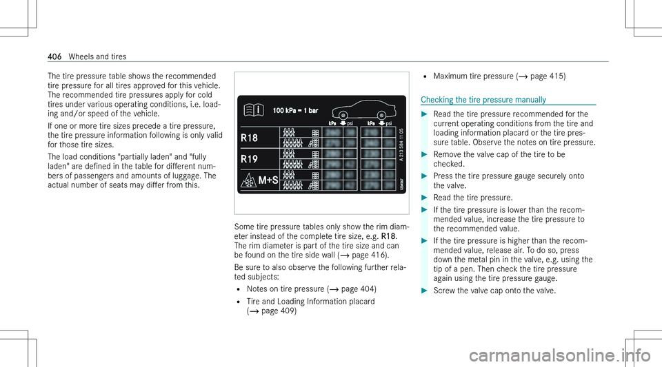 MERCEDES-BENZ EQS 2023  Owners Manual �T�h�e� �t�i�r�e� �p�r�e�s�s�u�r�e� �t�a�b�l�e� �s�h�o�w�s� �t�h�e� �r�e�c�o�m�m�e�n�d�e�d
�t�i�r�e� �p�r�e�s�s�u�r�e� �f�o�r� �a�l�l� �t�i�r�e�s� �a�p�p�r�o�v�e�d� �f�o�r� �t�h�i�s� �v�e�h�i�c�l�e�.
