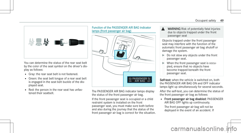 MERCEDES-BENZ EQS 2023  Owners Manual �Y�o�u� �c�a�n� �d�e�t�e�r�m�i�n�e� �t�h�e� �s�t�a�t�u�s� �o�f� �t�h�e� �r�e�a�r� �s�e�a�t� �b�e�l�t
�b�y� �t�h�e� �c�o�l�o�r� �o�f� �t�h�e� �s�e�a�t� �s�y�m�b�o�l� �o�n� �t�h�e� �d�r�i�v�e�r�\b�s� �d
