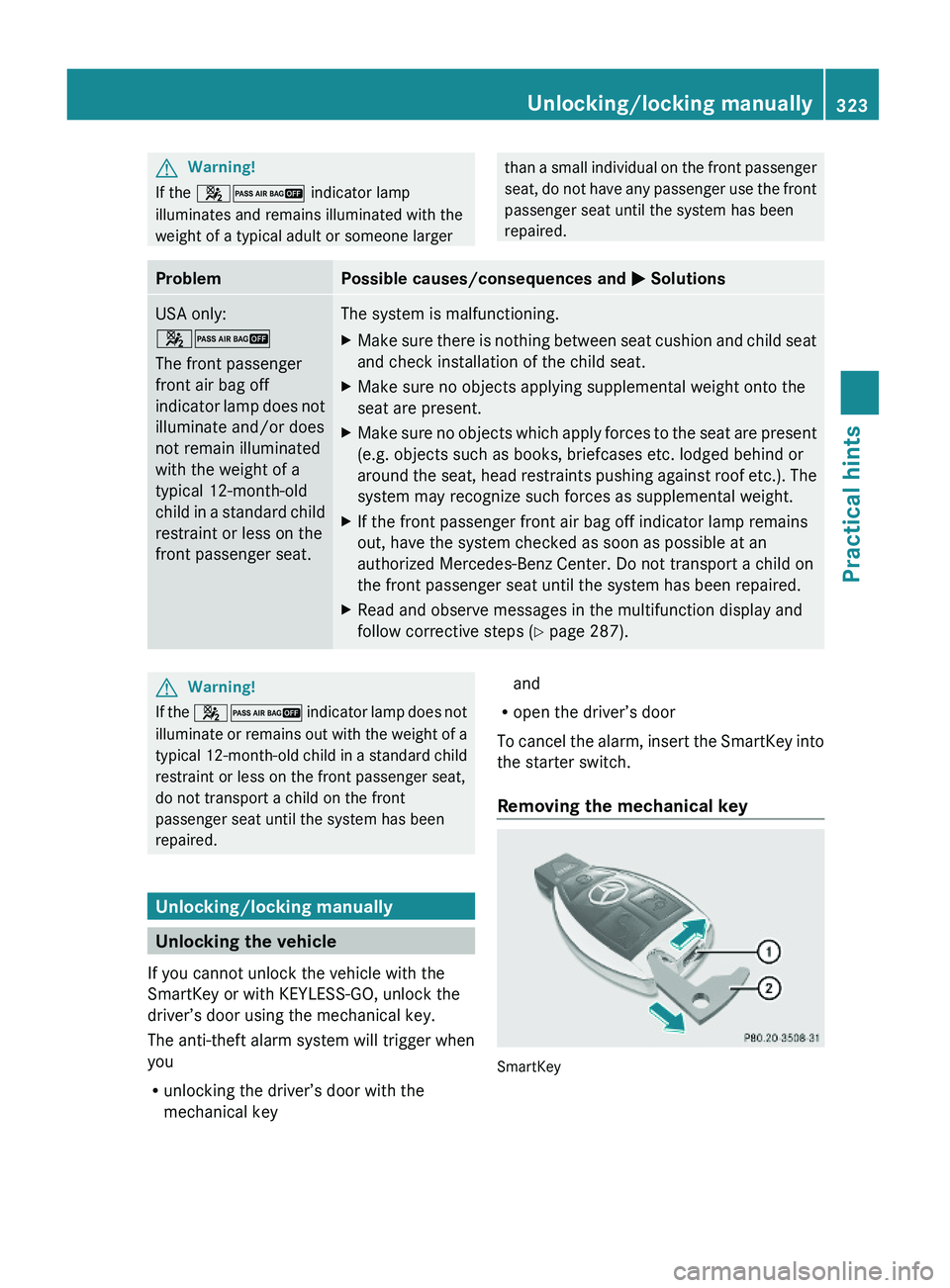 MERCEDES-BENZ GL 2010 Owners Manual GWarning!
If the 42 indicator lamp
illuminates and remains illuminated with the
weight of a typical adult or someone larger
than a small individual on the front passenger
seat, do not have any passeng MERCEDES-BENZ GL 2010 Owners Manual GWarning!
If the 42 indicator lamp
illuminates and remains illuminated with the
weight of a typical adult or someone larger
than a small individual on the front passenger
seat, do not have any passeng