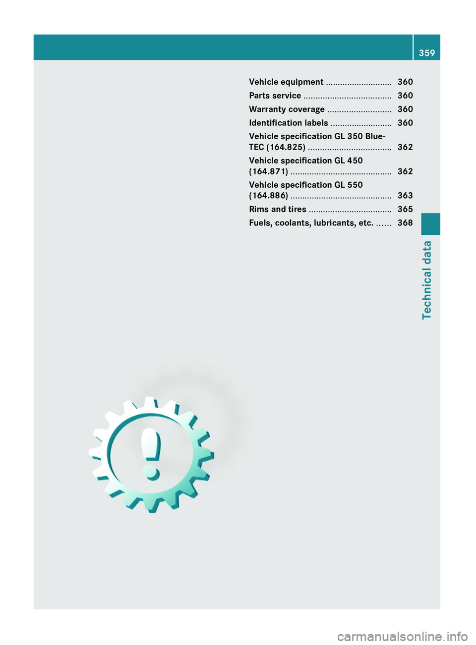 MERCEDES-BENZ GL 2010  Owners Manual Vehicle equipment ............................360
Parts service .....................................360
Warranty coverage ...........................360
Identification labels ........................