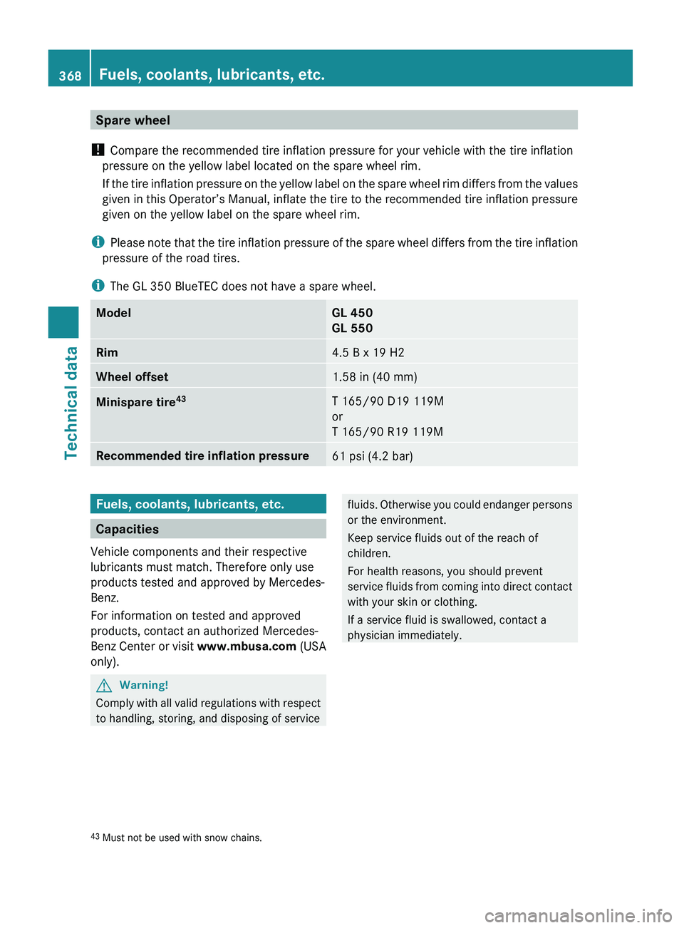 MERCEDES-BENZ GL 2010 Owners Manual Spare wheel
! Compare the recommended tire inflation pressure for your vehicle with the tire inflation
pressure on the yellow label located on the spare wheel rim.
If the tire inflation pressure on t MERCEDES-BENZ GL 2010 Owners Manual Spare wheel
! Compare the recommended tire inflation pressure for your vehicle with the tire inflation
pressure on the yellow label located on the spare wheel rim.
If the tire inflation pressure on t