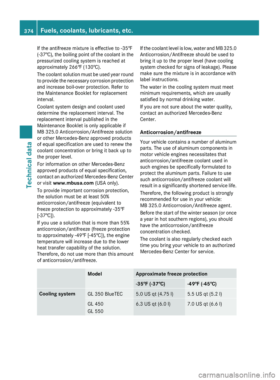 MERCEDES-BENZ GL 2010 Owners Manual If the antifreeze mixture is effective to -35‡
(-37† ), the boiling point of the coolant in the
pressurized cooling system is reached at
approximately 266‡ (130†).
The coolant solution must be MERCEDES-BENZ GL 2010 Owners Manual If the antifreeze mixture is effective to -35‡
(-37† ), the boiling point of the coolant in the
pressurized cooling system is reached at
approximately 266‡ (130†).
The coolant solution must be