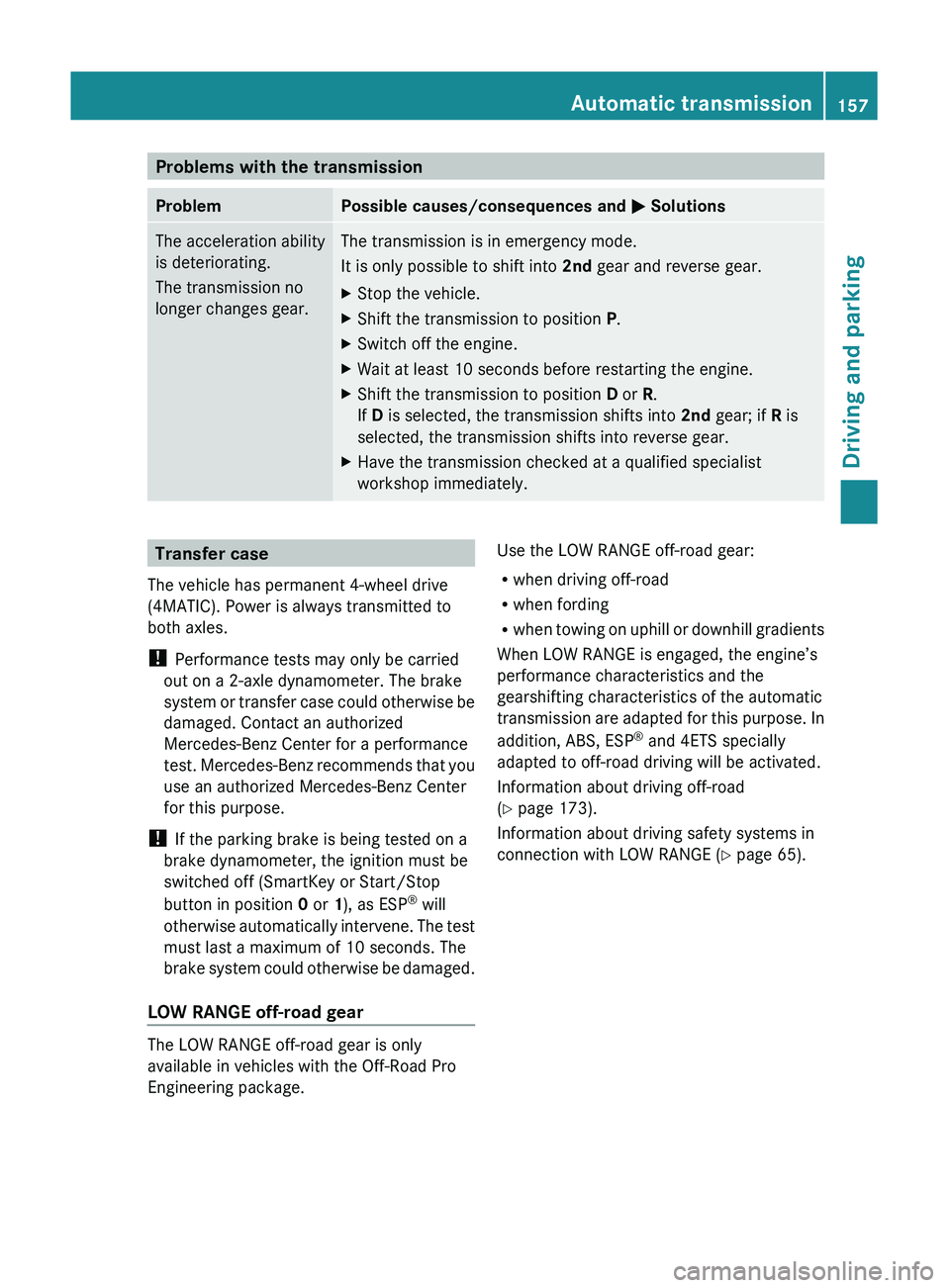 MERCEDES-BENZ GL 2011  Owners Manual Problems with the transmissionProblemPossible causes/consequences and M SolutionsThe acceleration ability
is deteriorating.
The transmission no
longer changes gear.The transmission is in emergency mod